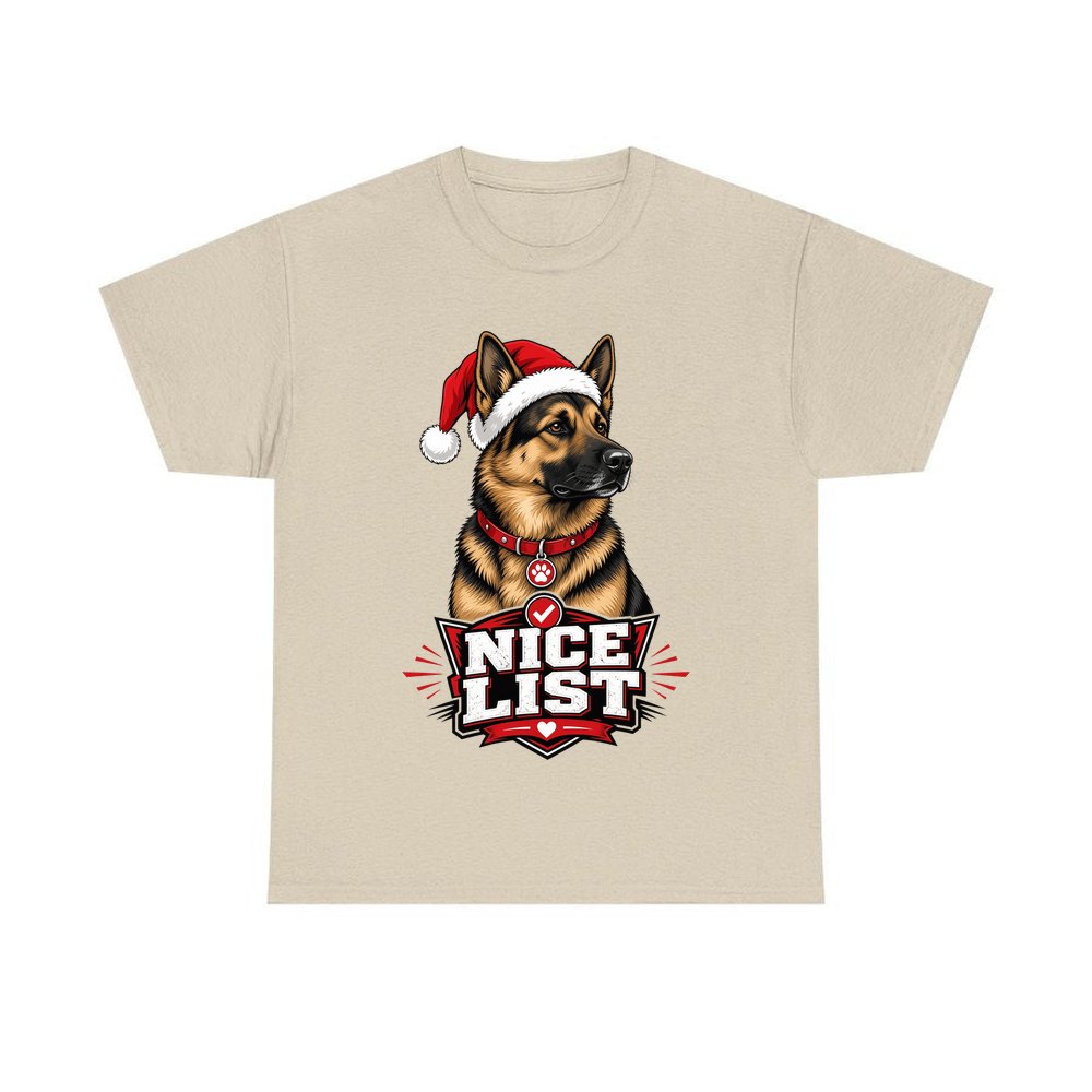 Nice List German Shepherd personalised Christmas T-shirt in sand
