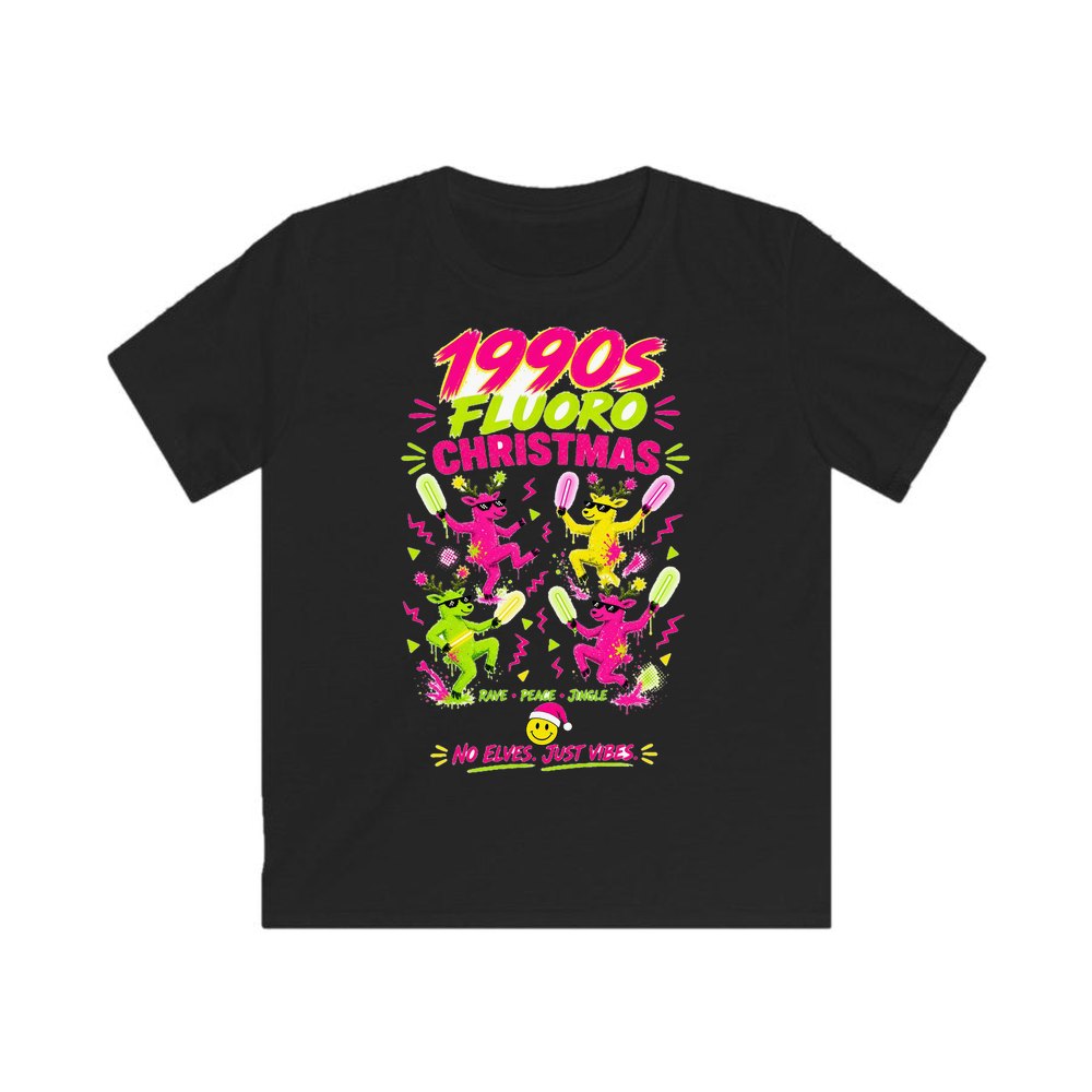 Nineties Fluoro Christmas Reindeer personalised kids Christmas tee in black