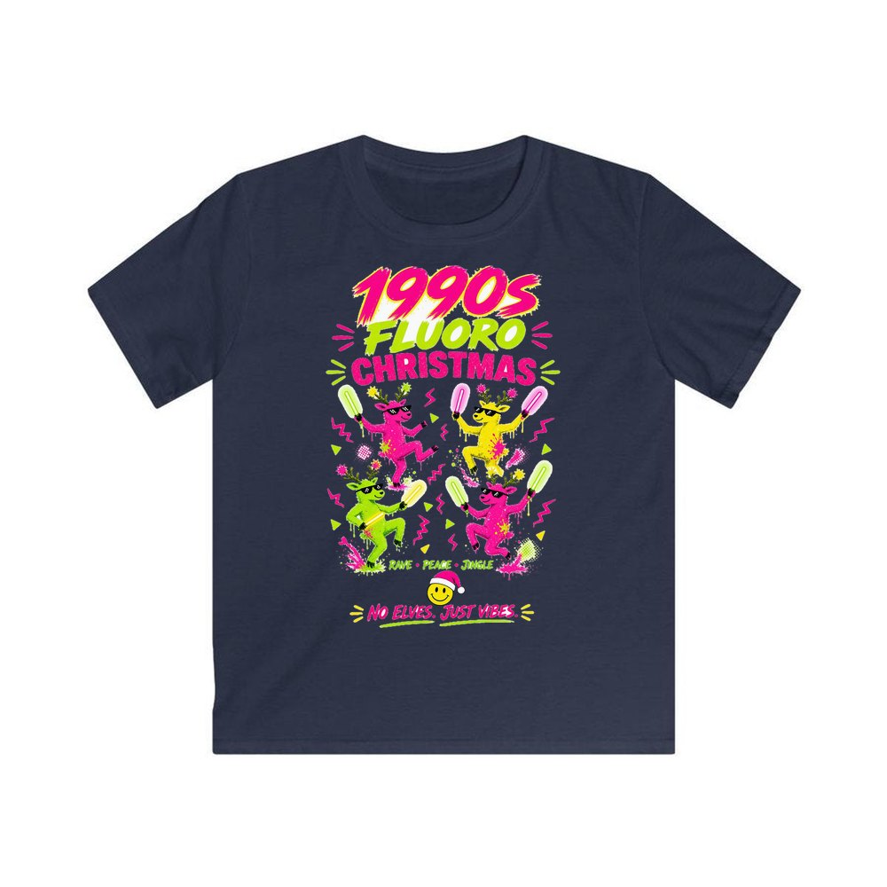Nineties Fluoro Christmas Reindeer personalised kids Christmas tee in navy