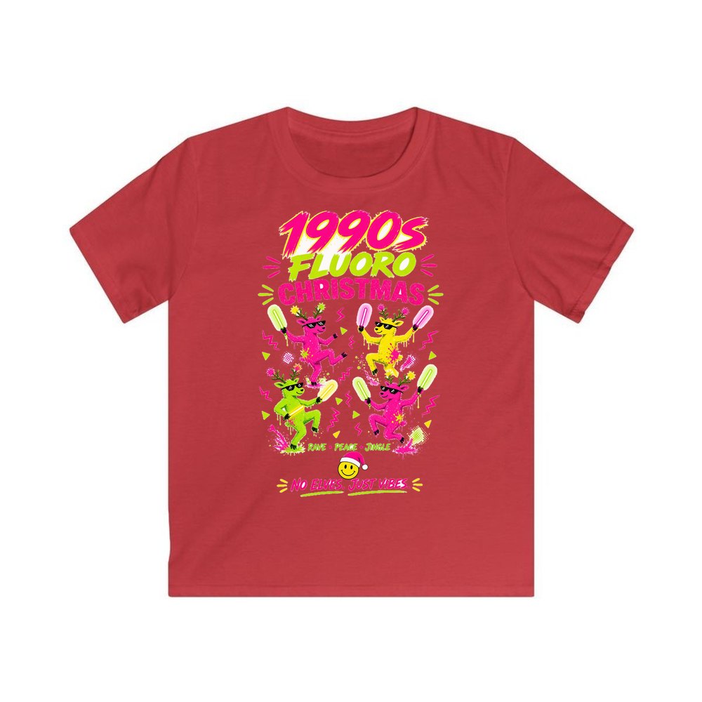 Nineties Fluoro Christmas Reindeer personalised kids Christmas tee in red