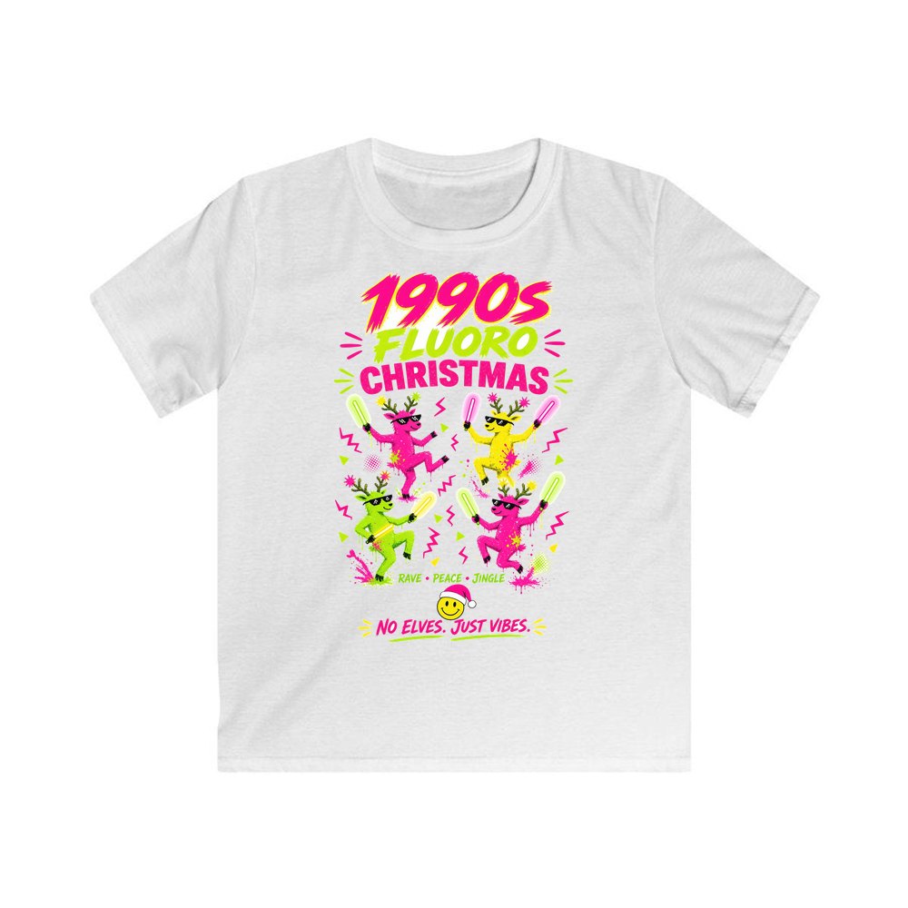 Nineties Fluoro Christmas Reindeer personalised kids Christmas tee in white
