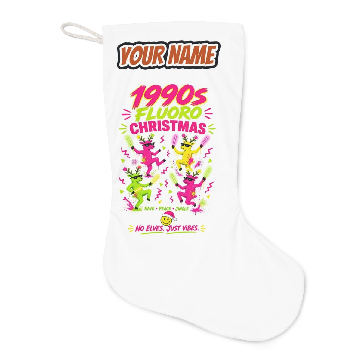 Nineties Fluoro Christmas Reindeer Christmas stocking laid flat, showing the full print