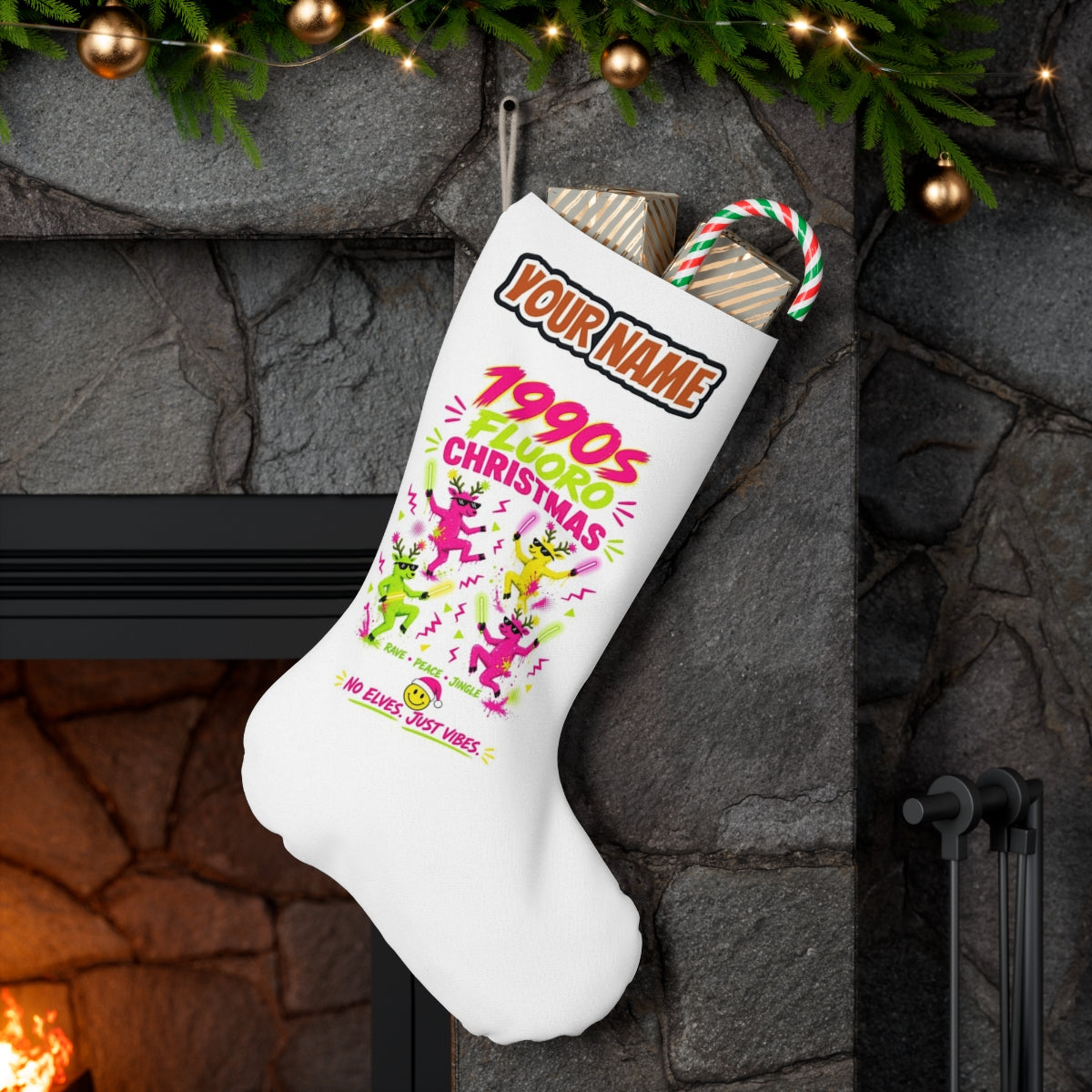 Nineties Fluoro Christmas Reindeer personalised Christmas stocking hanging on a mantel