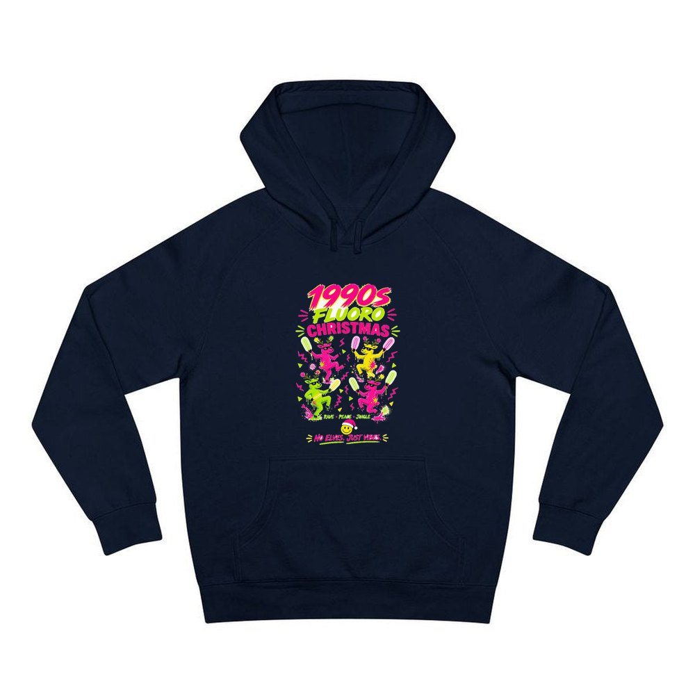 Nineties Fluoro Christmas Reindeer personalised Christmas hoodie in navy