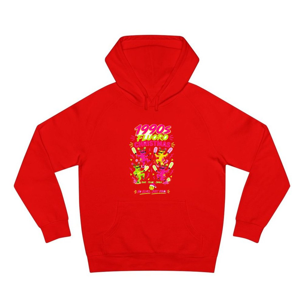 Nineties Fluoro Christmas Reindeer personalised Christmas hoodie in red