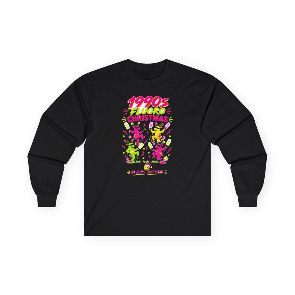 Nineties Fluoro Christmas Reindeer personalised long sleeve Christmas T-shirt in black