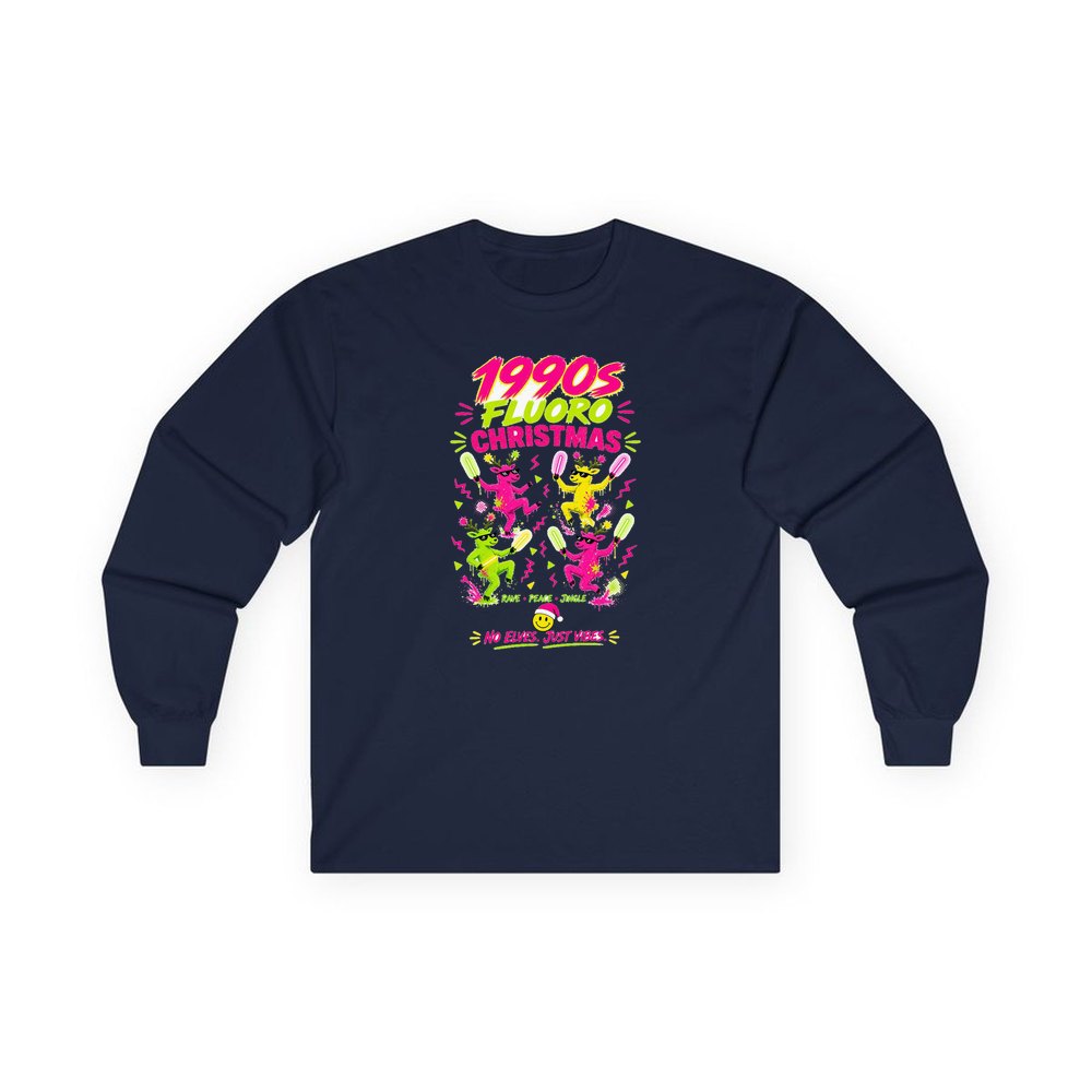 Nineties Fluoro Christmas Reindeer personalised long sleeve Christmas T-shirt in navy