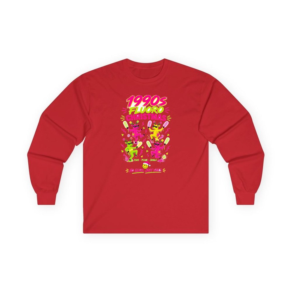 Nineties Fluoro Christmas Reindeer personalised long sleeve Christmas T-shirt in red