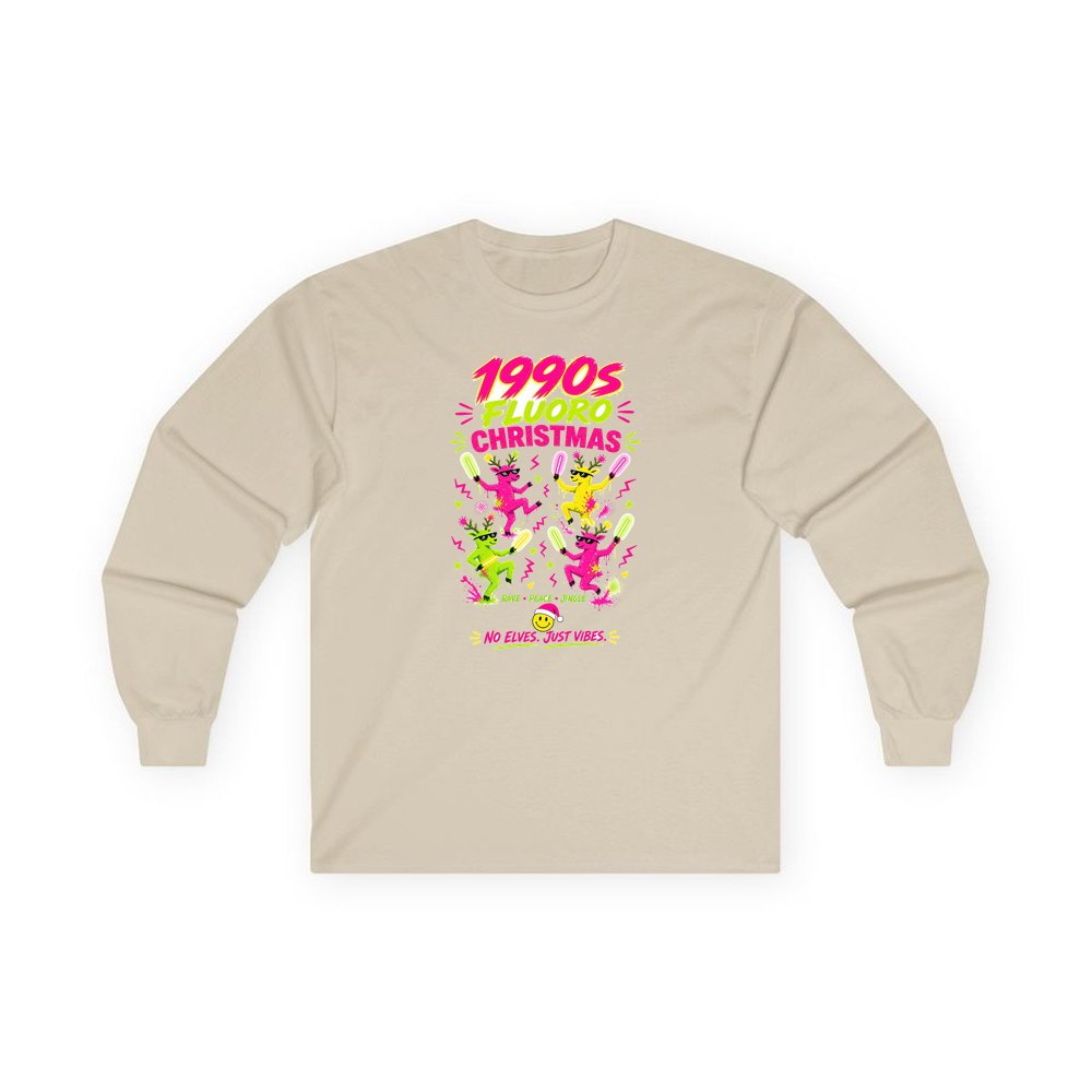 Nineties Fluoro Christmas Reindeer personalised long sleeve Christmas T-shirt in sand