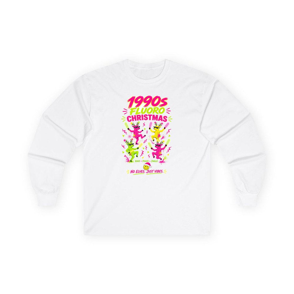 Nineties Fluoro Christmas Reindeer personalised long sleeve Christmas T-shirt in white