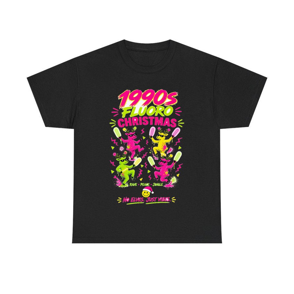 Nineties Fluoro Christmas Reindeer personalised Christmas T-shirt in black