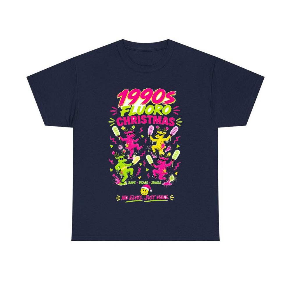 Nineties Fluoro Christmas Reindeer personalised Christmas T-shirt in navy