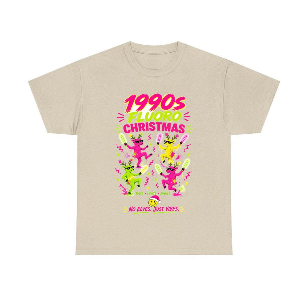 Nineties Fluoro Christmas Reindeer personalised Christmas T-shirt in sand