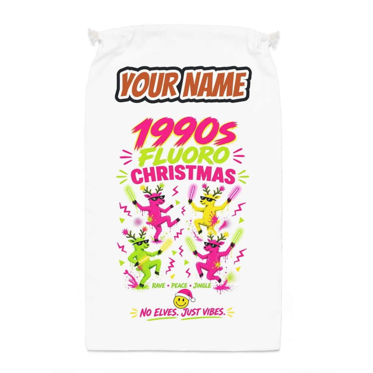 Nineties Fluoro Christmas Reindeer Santa sack laid flat, showing the full print