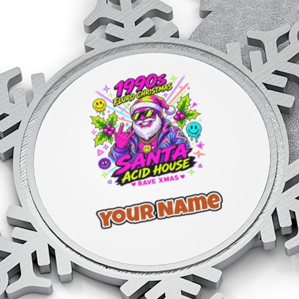 Nineties Fluro Rave Santa Personalised Pewter Christmas Ornament
