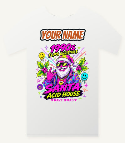Nineties Fluro Rave Santa Personalised Christmas T-Shirt and Hoodie