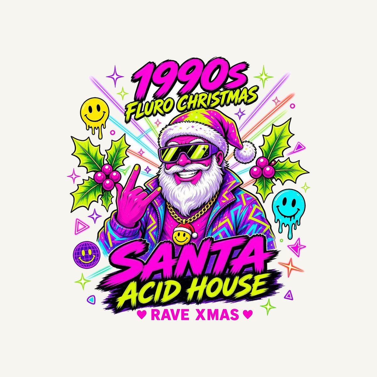 Nineties Fluro Rave Santa Personalised Christmas T-Shirt and Hoodie
