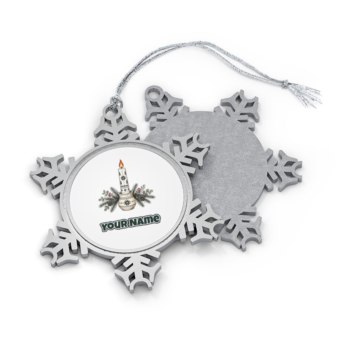 Nordic Candle And Pine Personalised Pewter Christmas Ornament