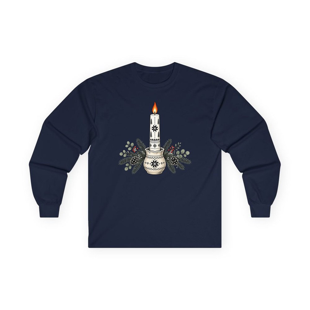Nordic Candle And Pine personalised long sleeve Christmas T-shirt in navy