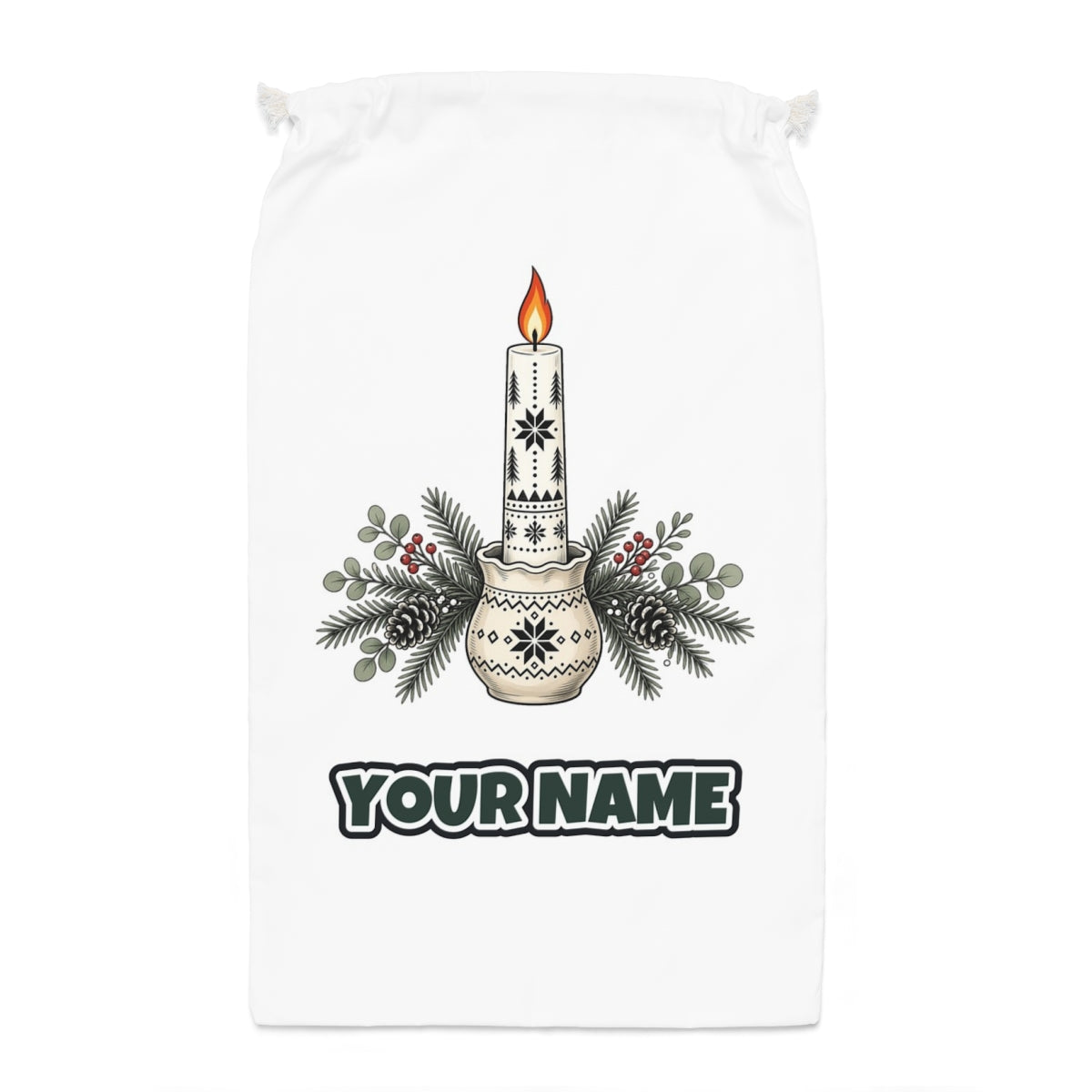 Nordic Candle And Pine Santa sack laid flat, showing the full print
