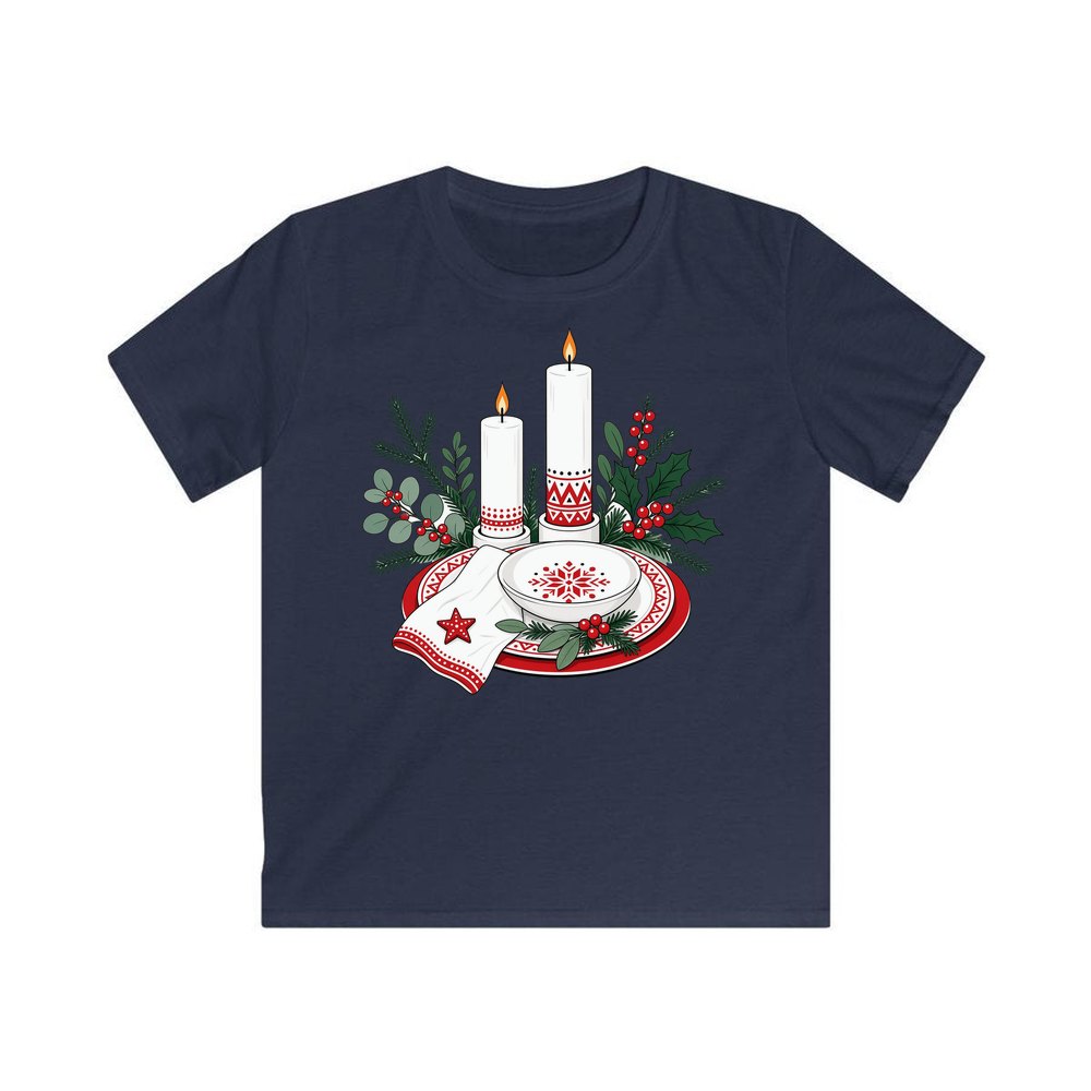Nordic Candles And Table Setting personalised kids Christmas tee in navy
