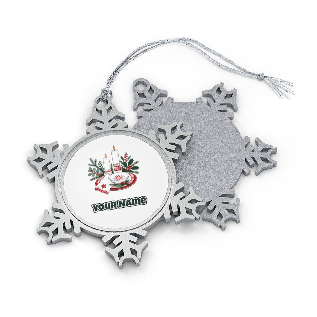 Nordic Candles And Table Setting Personalised Pewter Christmas Ornament