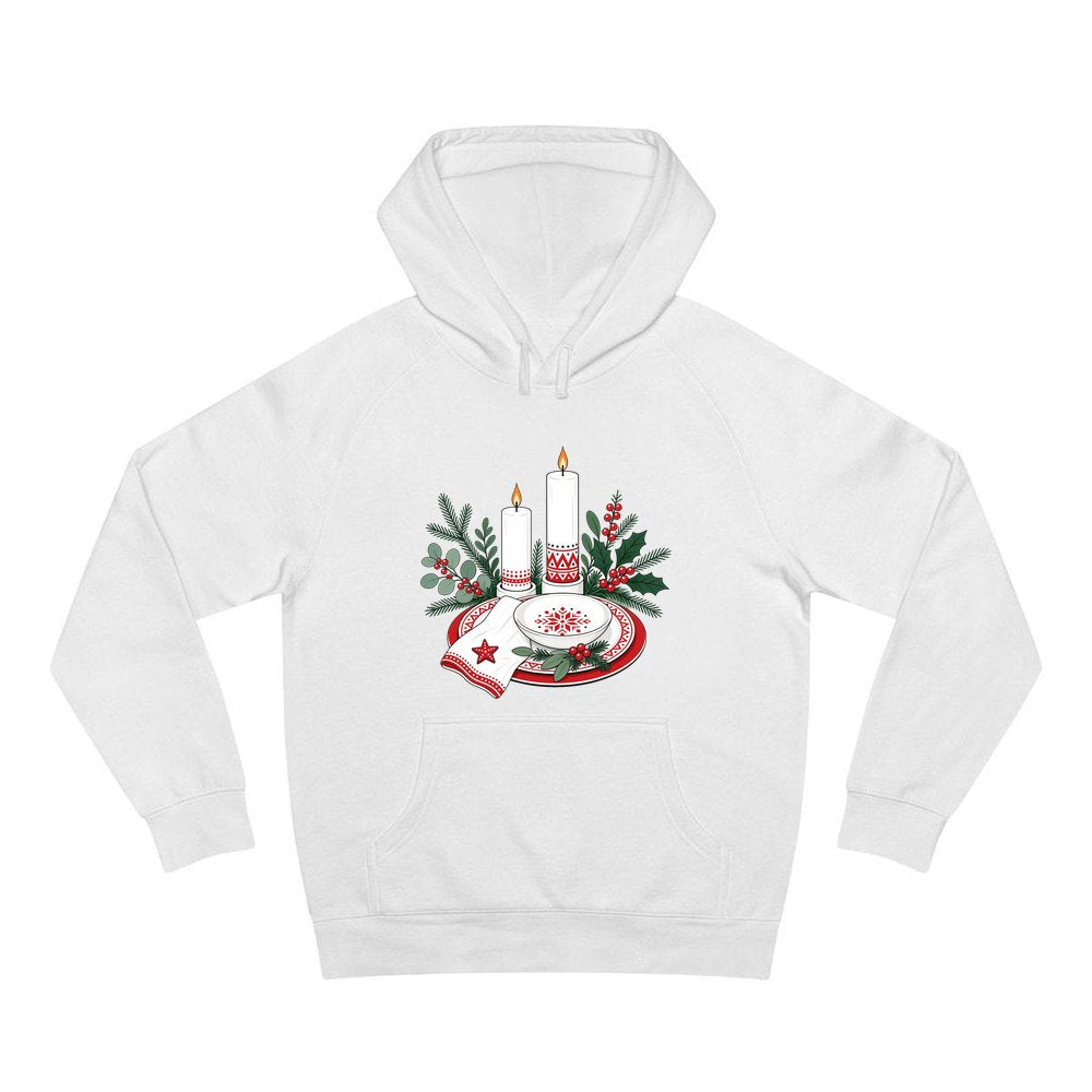 Nordic Candles And Table Setting personalised Christmas hoodie in white