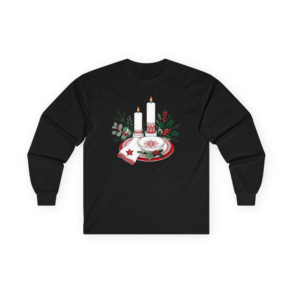 Nordic Candles And Table Setting personalised long sleeve Christmas T-shirt in black