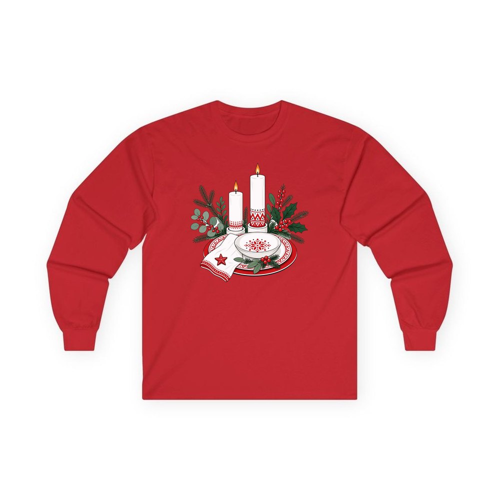 Nordic Candles And Table Setting personalised long sleeve Christmas T-shirt in red