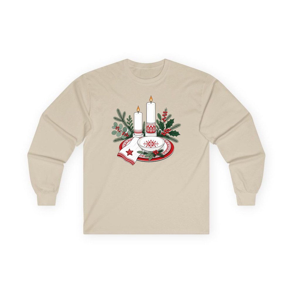 Nordic Candles And Table Setting personalised long sleeve Christmas T-shirt in sand