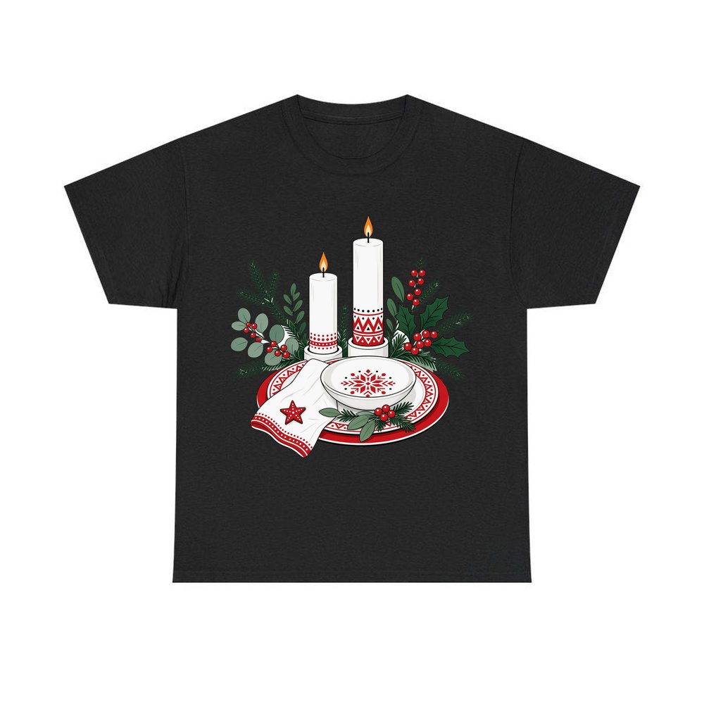 Nordic Candles And Table Setting personalised Christmas T-shirt in black