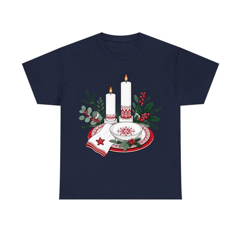 Nordic Candles And Table Setting personalised Christmas T-shirt in navy