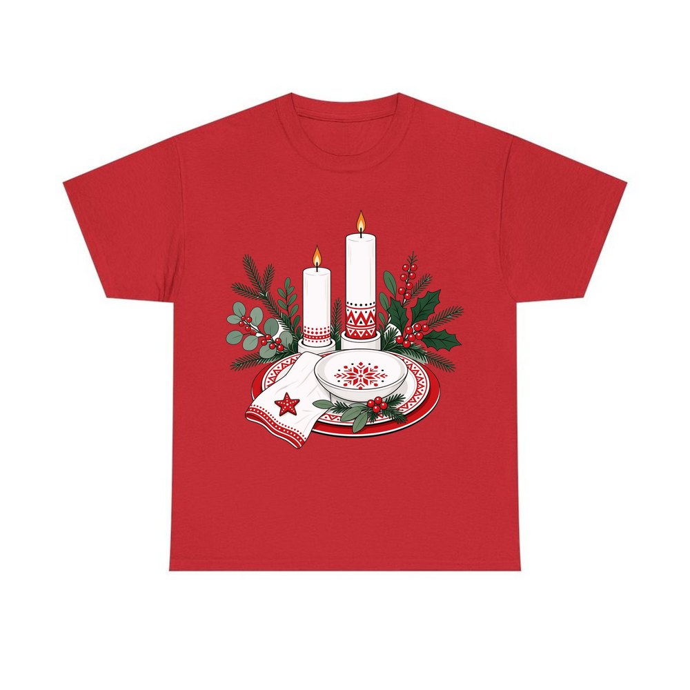 Nordic Candles And Table Setting personalised Christmas T-shirt in red