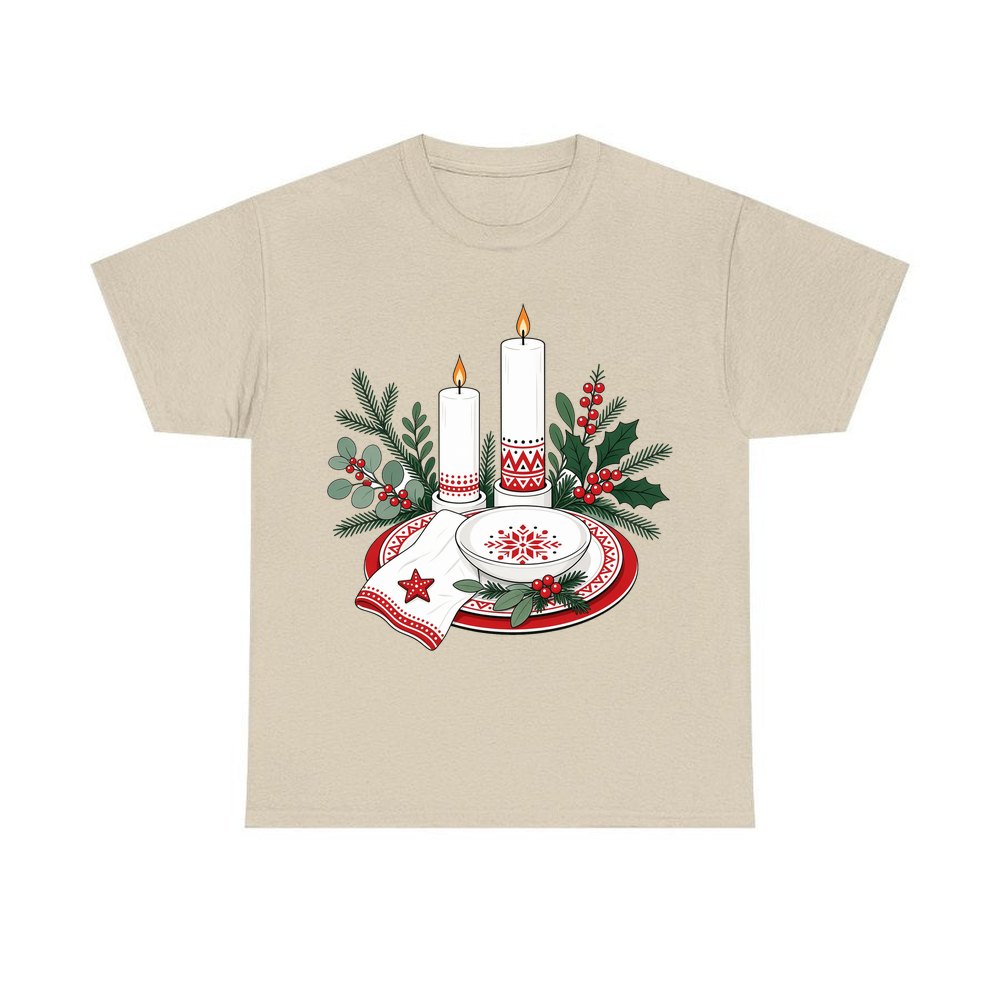 Nordic Candles And Table Setting personalised Christmas T-shirt in sand