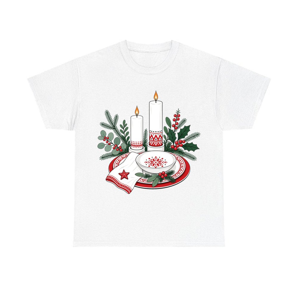 Nordic Candles And Table Setting personalised Christmas T-shirt in white