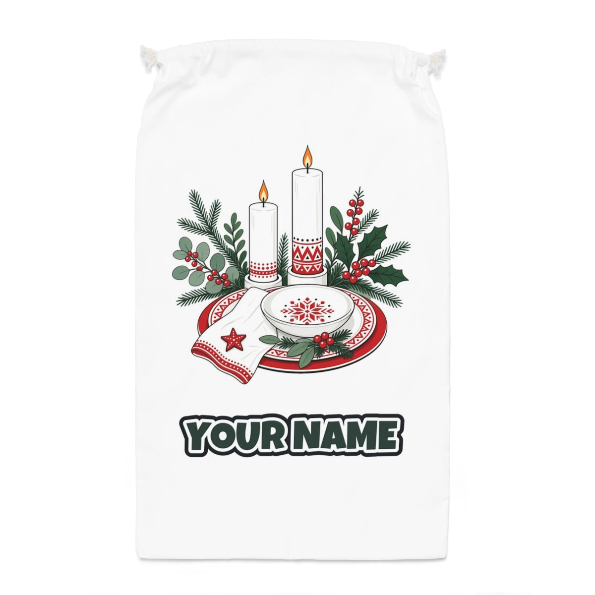 Nordic Candles And Table Setting Santa sack laid flat, showing the full print