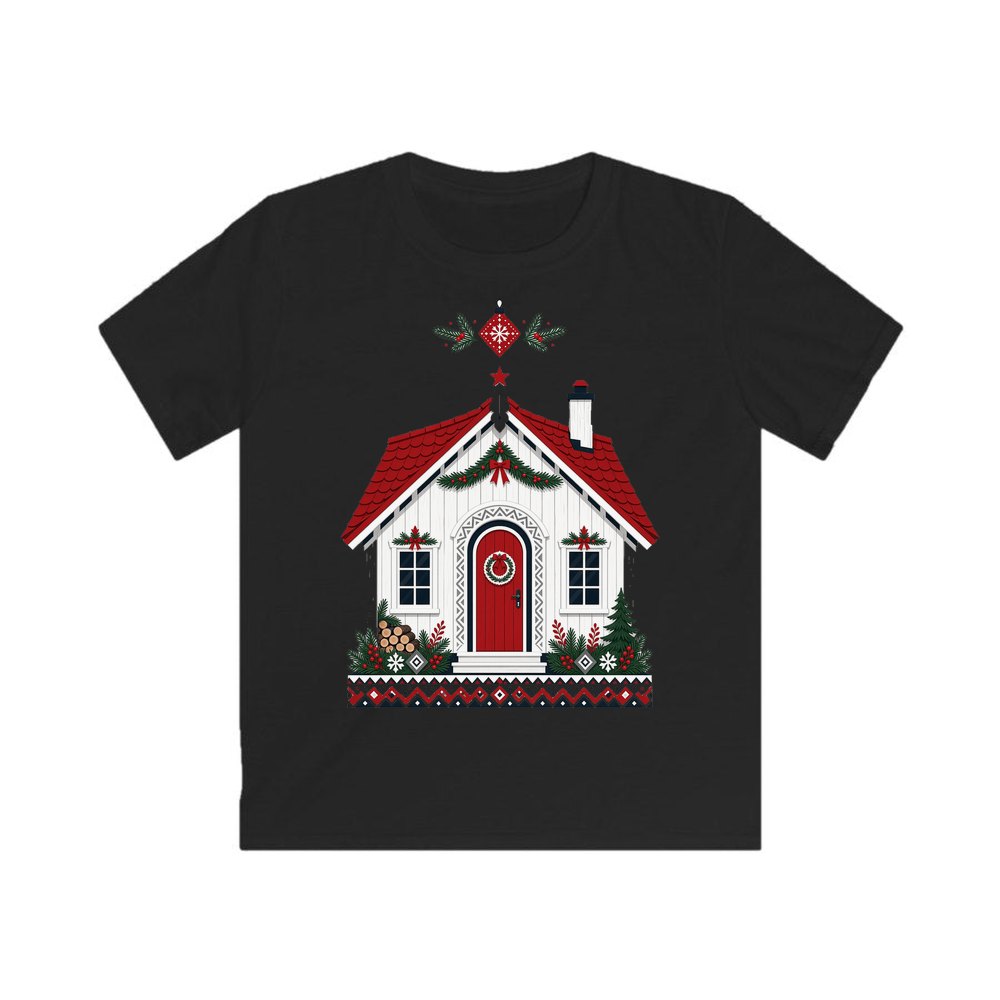 Nordic Cottage with Red Roof personalised kids Christmas tee in black