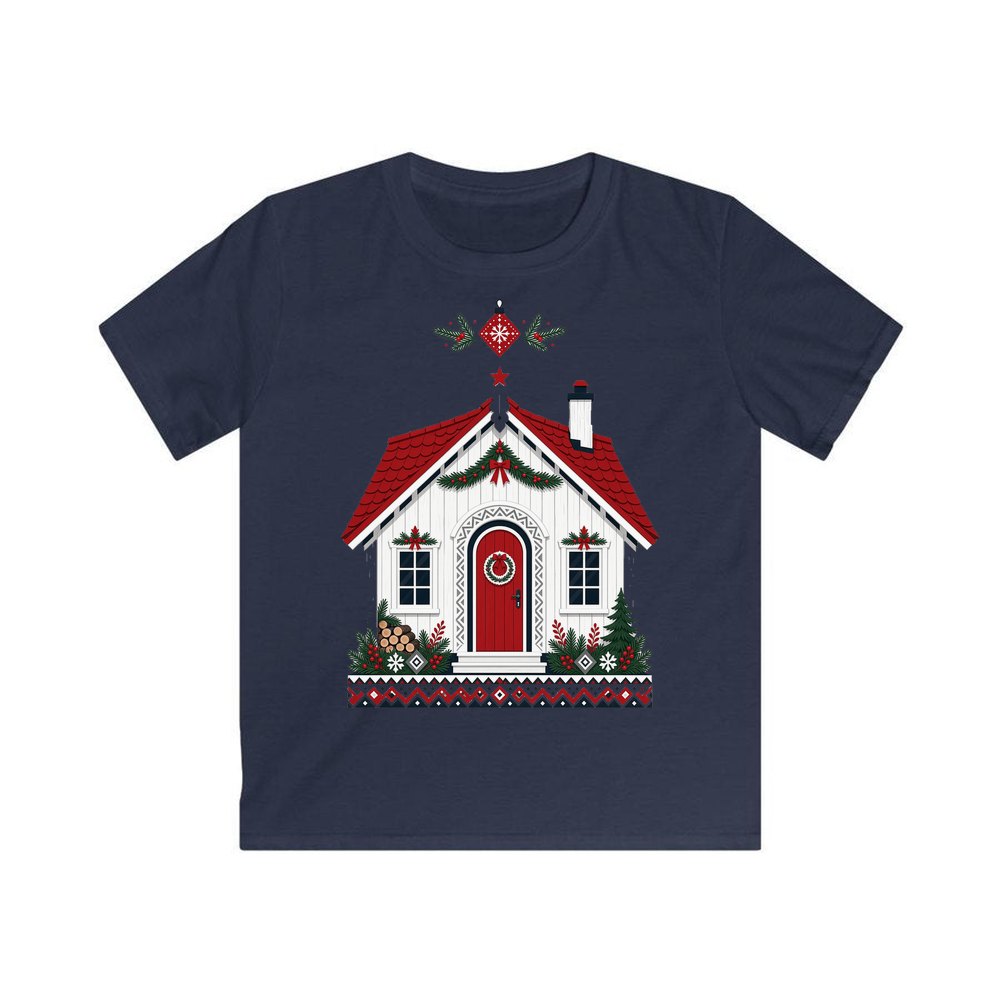 Nordic Cottage with Red Roof personalised kids Christmas tee in navy