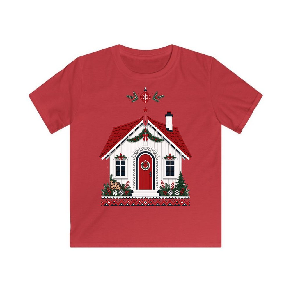 Nordic Cottage with Red Roof personalised kids Christmas tee in red