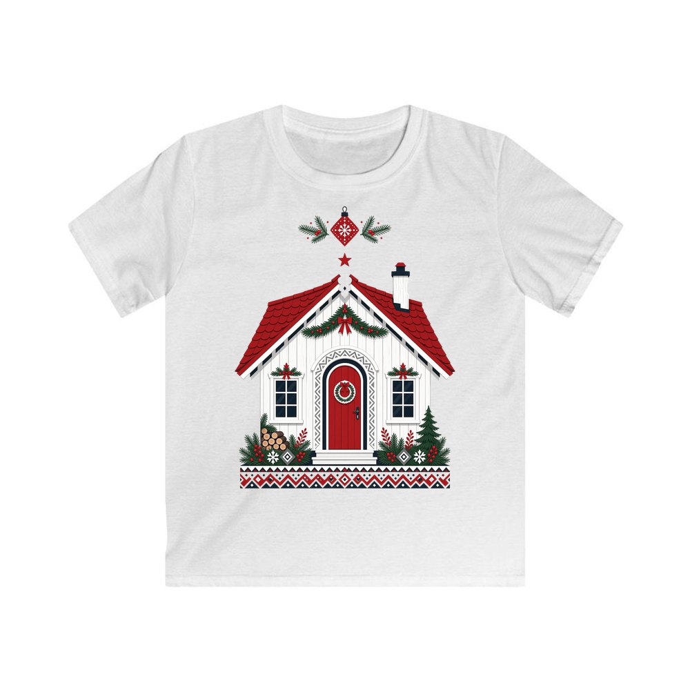 Nordic Cottage with Red Roof personalised kids Christmas tee in white
