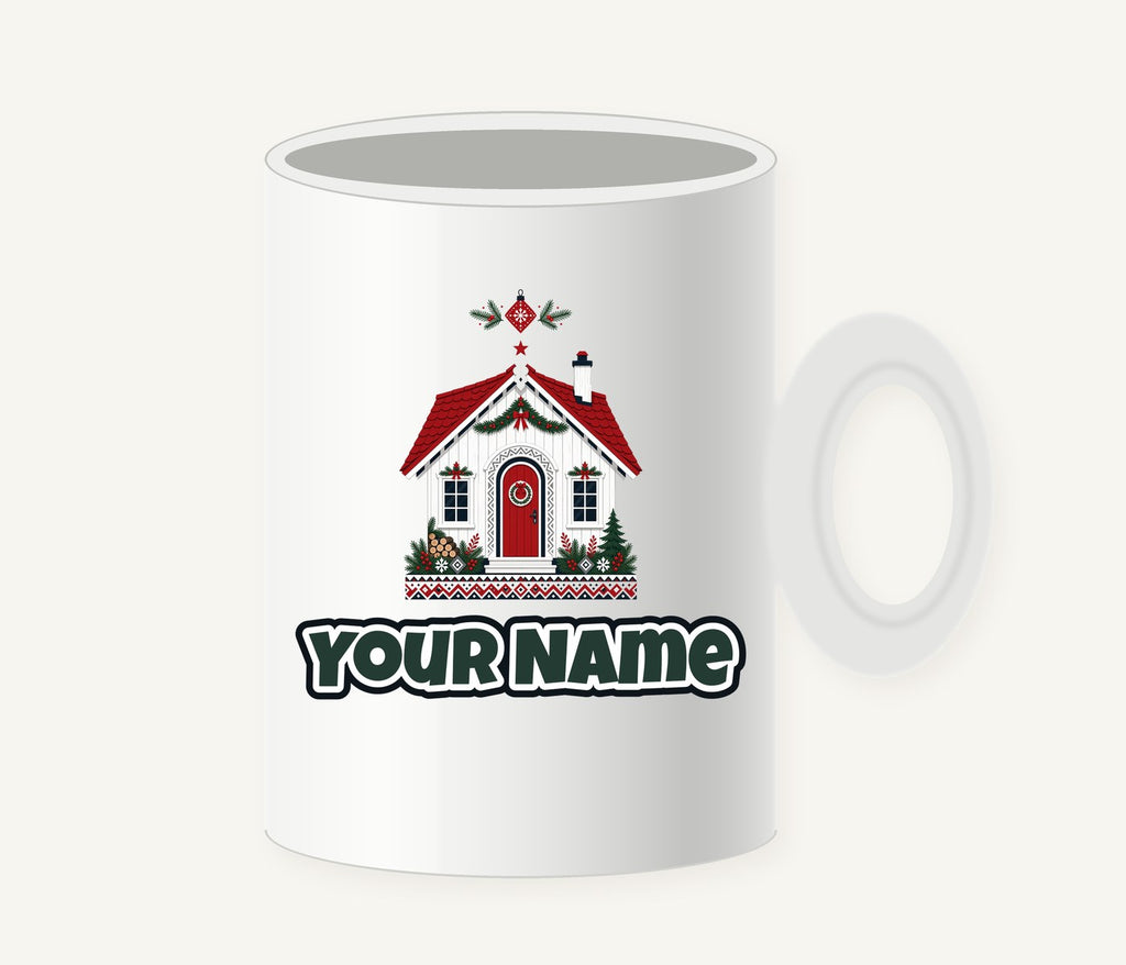 Nordic Cottage with Red Roof Personalised Christmas Mug