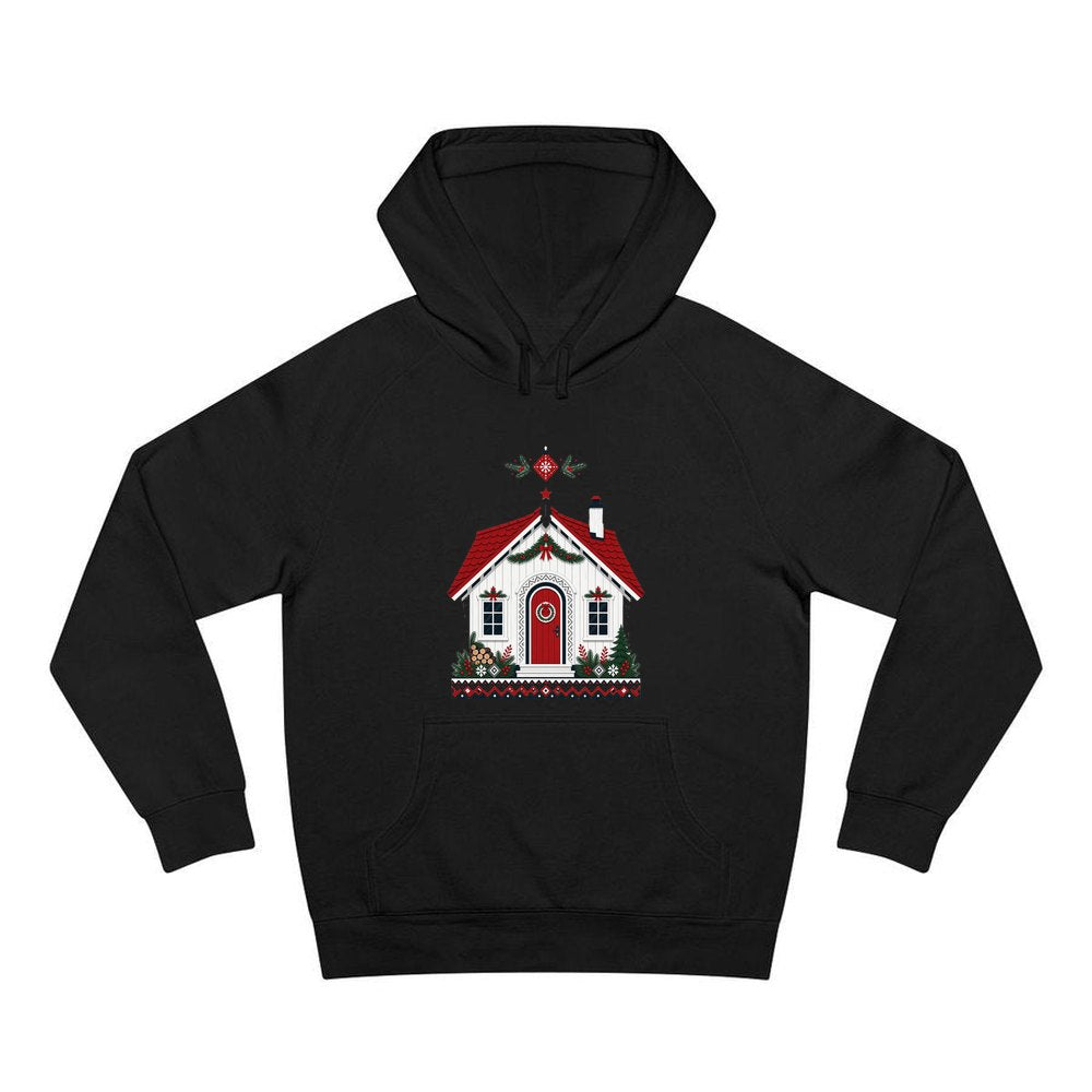 Nordic Cottage with Red Roof personalised Christmas hoodie in black