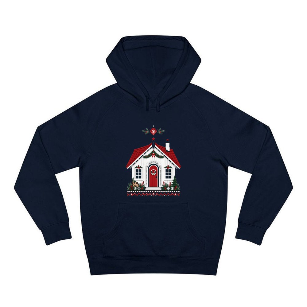 Nordic Cottage with Red Roof personalised Christmas hoodie in navy