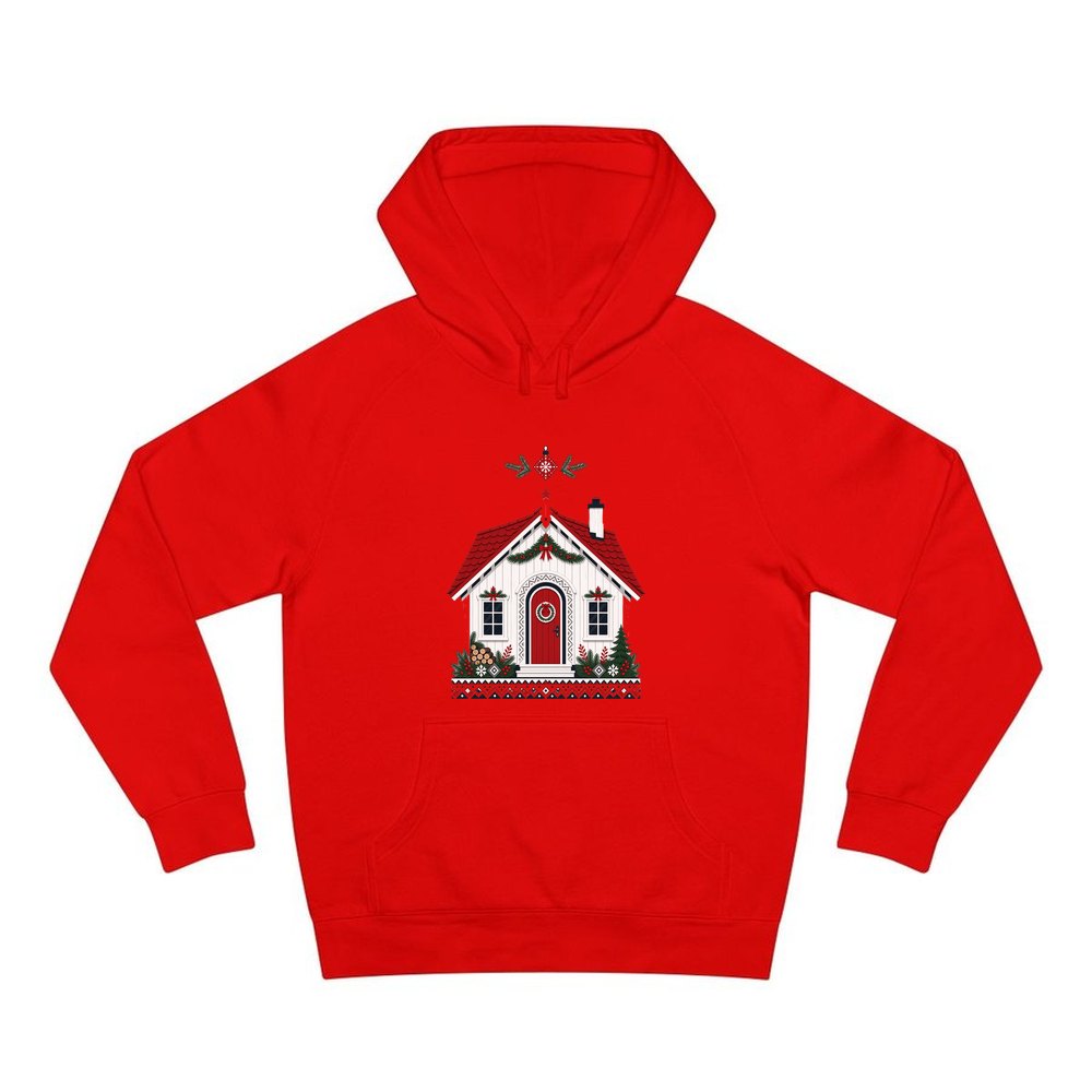 Nordic Cottage with Red Roof personalised Christmas hoodie in red