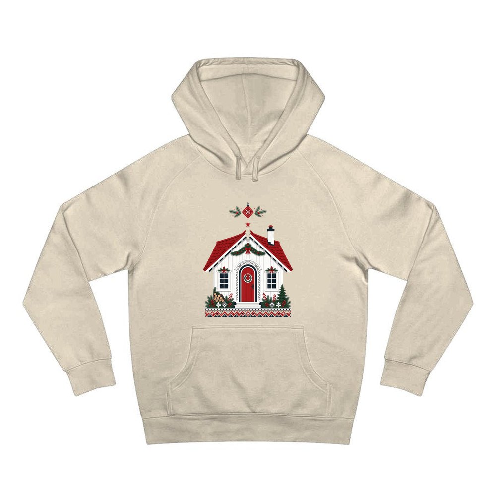 Nordic Cottage with Red Roof personalised Christmas hoodie in sand