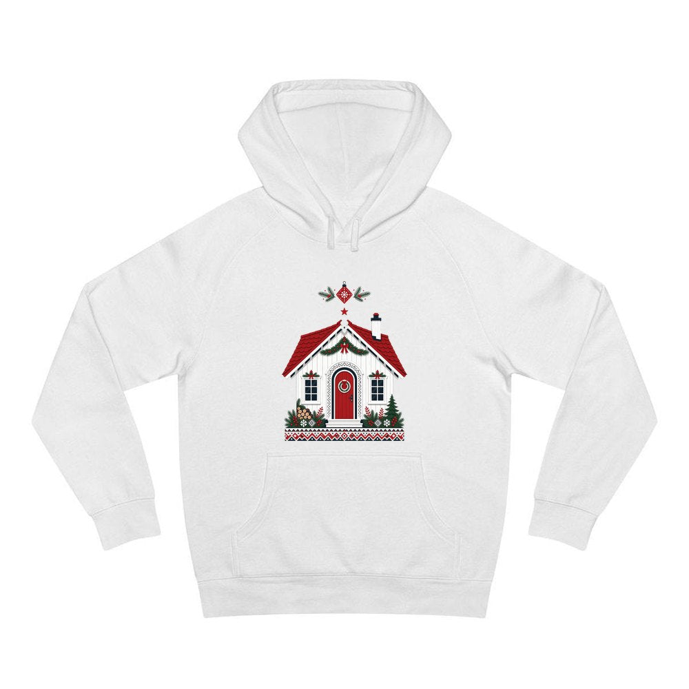 Nordic Cottage with Red Roof personalised Christmas hoodie in white