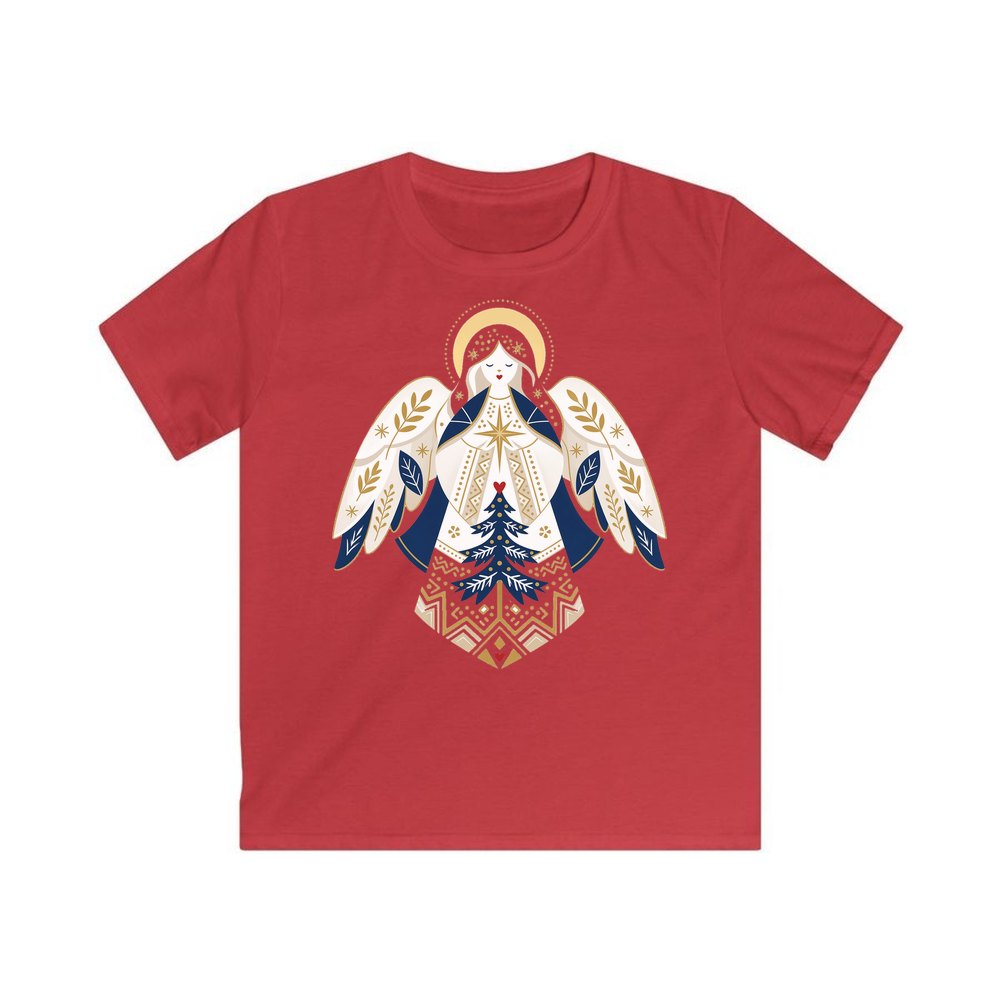 Nordic Folk Angel personalised kids Christmas tee in red