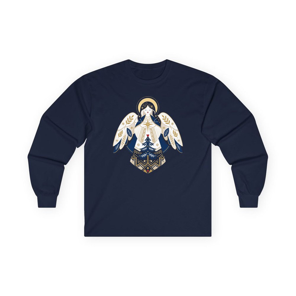 Nordic Folk Angel personalised long sleeve Christmas T-shirt in navy