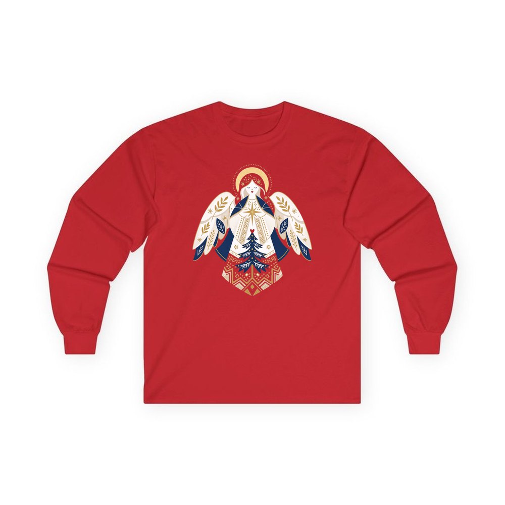Nordic Folk Angel personalised long sleeve Christmas T-shirt in red