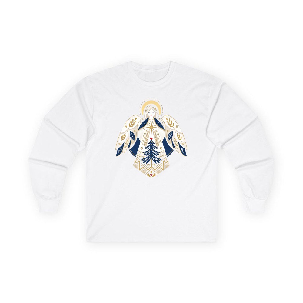 Nordic Folk Angel personalised long sleeve Christmas T-shirt in white